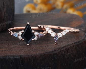 Kite shaped Black onyx engagement ring set Vintage Rose gold Bridal set Kite alexandrite ring Twisted moissanite wedding ring Promise ring