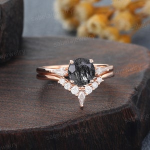 Einzigartige schwarze Rutilquarz Verlobungsring Set Vintage Roségold Ring Kite Moissanite Ring Diamant Hochzeit Versprechen Ring für Frauen Geschenk Bild 4