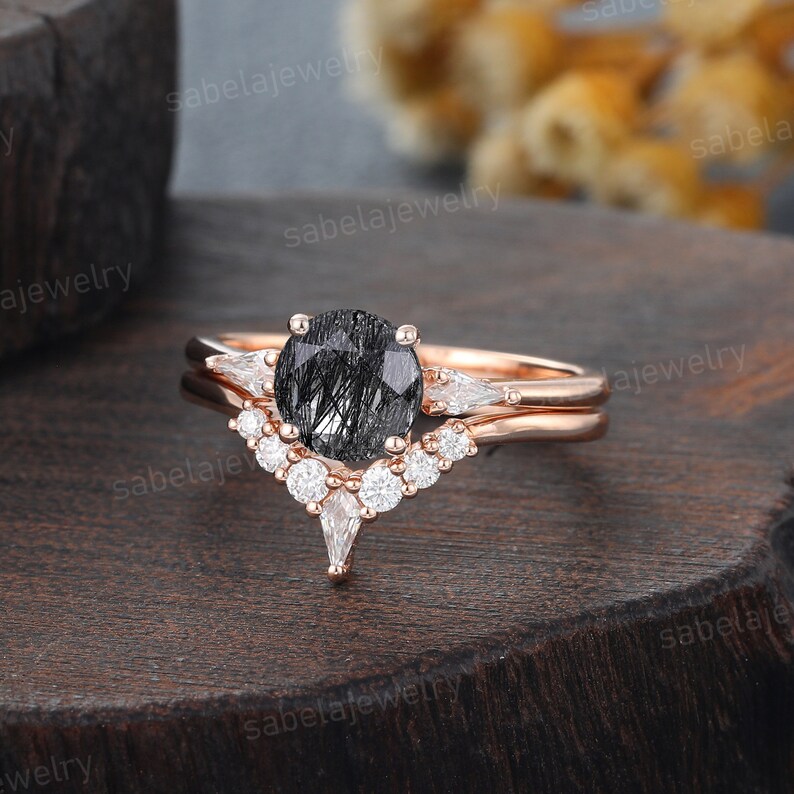 Einzigartige schwarze Rutilquarz Verlobungsring Set Vintage Roségold Ring Kite Moissanite Ring Diamant Hochzeit Versprechen Ring für Frauen Geschenk Bild 3