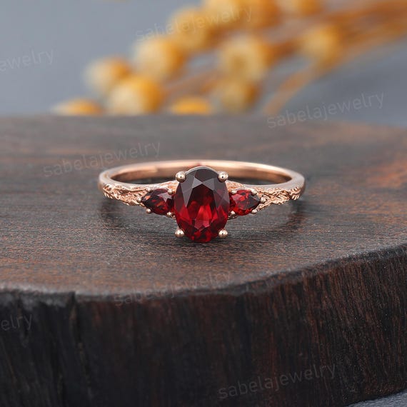Cluster Oval cut Red Garnet Engagement Ring Unique Rose gold Leaf Vine ring Three Stone Wedding ring Promise Bridal Birthstone Ring for her