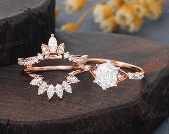 Hexagon cut Moissanite engagement ring set Unique Rose gold Moissanite Bridal set Marquise cut Enhancer wedding ring for Women Promise ring