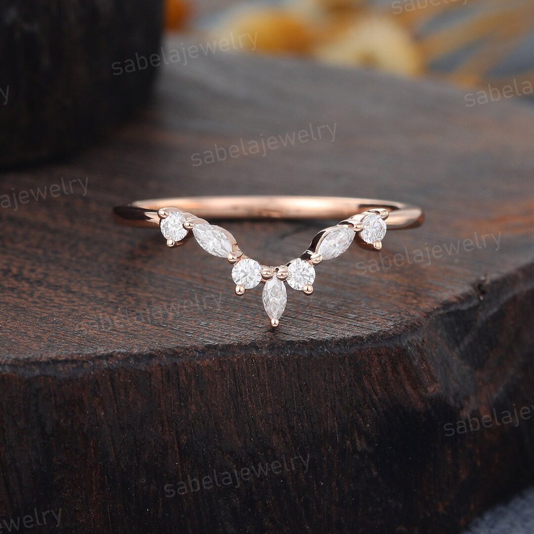 Marquise Cut Moissanite Diamond Wedding Band Rose Gold Curved Wedding ...