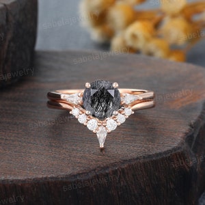 Einzigartige schwarze Rutilquarz Verlobungsring Set Vintage Roségold Ring Kite Moissanite Ring Diamant Hochzeit Versprechen Ring für Frauen Geschenk Bild 2