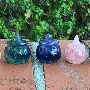 Spooky Adorable Halloween Pumpkin Jack-O-Lantern with Witch Hat Crystal Stone Carvings | Fluorite Lepidolite Yellow Calcite Jade Rose Quartz