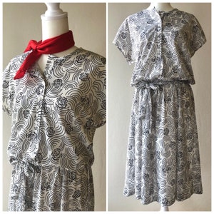 Vintage 1980s Haband Black White Floral Print Day Dress