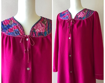 Vintage 80s House Dress | Day Dress | Robe with Quilted Patterned Collar