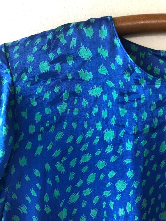 Vintage 1980s Silk Blue Green Print Blouse - image 7