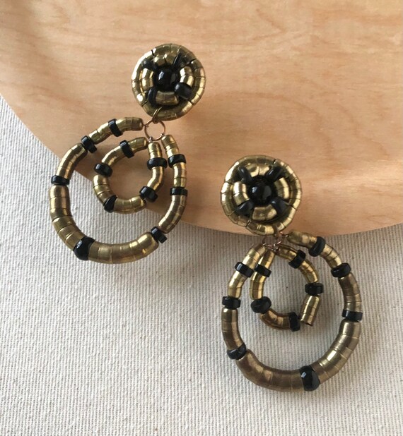 Vintage 80s Gold Metal Black Drop Statement Earri… - image 1