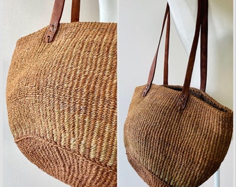 Vintage Straw Sisal Woven Tote with Leather Handles