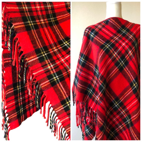 Vintage Red Tartan Plaid Wool Poncho | Tartan Pla… - image 1