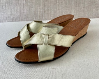 Vintage Gold Wedge Heel Slippers | Sandals | Slides | Size 39 | US 8