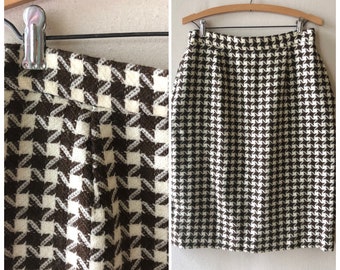 Vintage Brown Houndstooth Wool Skirt with Pockets || Size 14