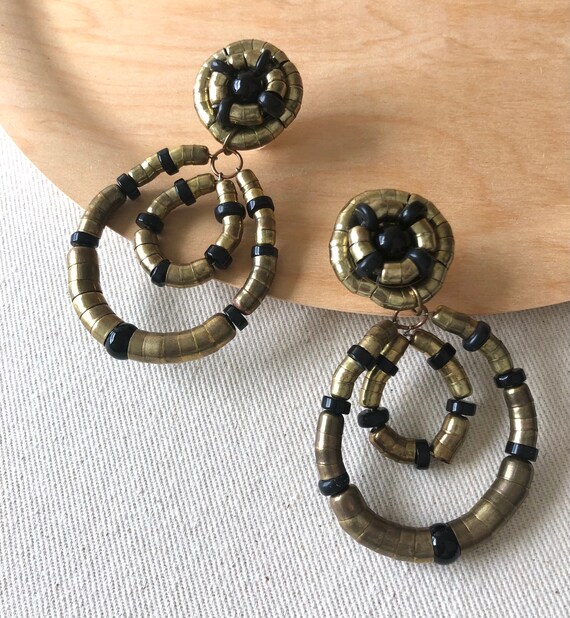 Vintage 80s Gold Metal Black Drop Statement Earri… - image 2