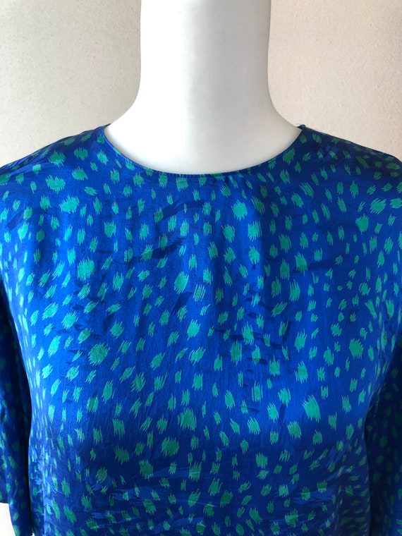 Vintage 1980s Silk Blue Green Print Blouse - image 4