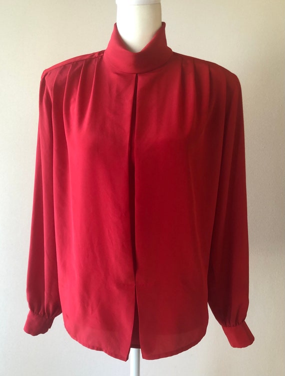 Vintage 80s Red Silky Blouse with Shoulder Pads - image 2