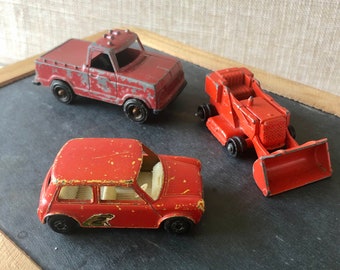 Set di 3 mini auto camion bulldozer in metallo vintage