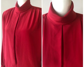 Vintage 80s Red Silky Blouse with Shoulder Pads