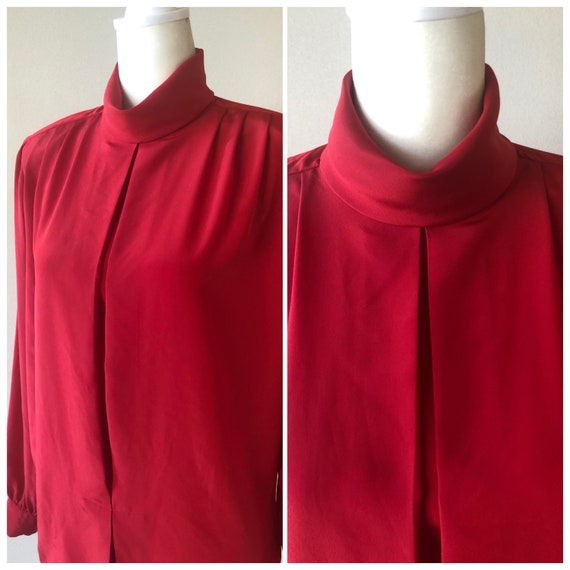 Vintage 80s Red Silky Blouse with Shoulder Pads - image 1