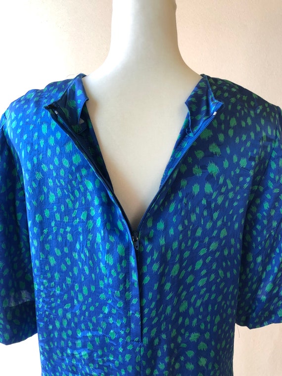 Vintage 1980s Silk Blue Green Print Blouse - image 6