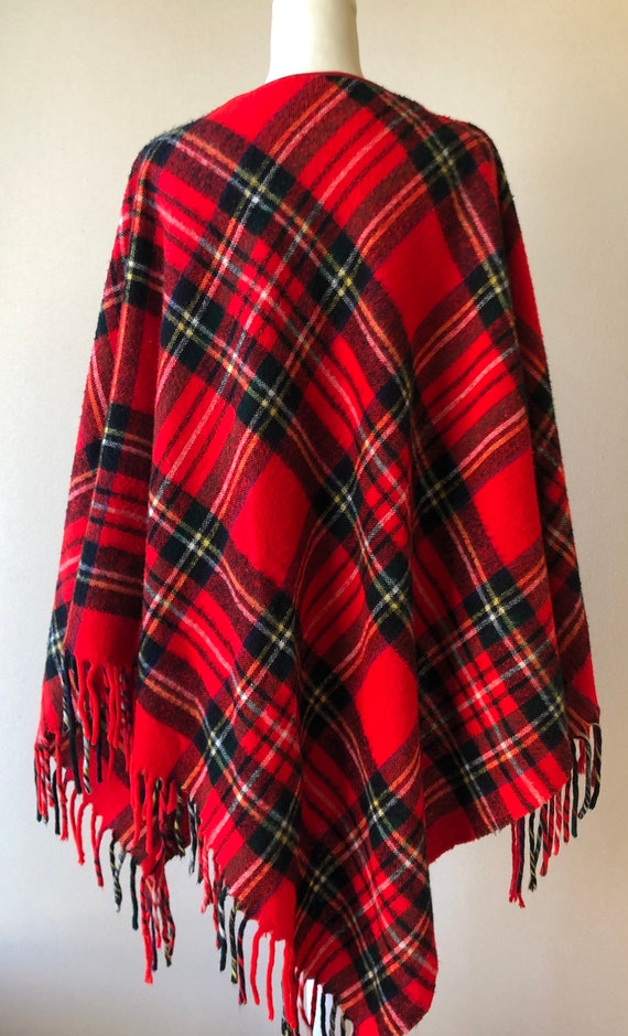 Vintage Red Tartan Plaid Wool Poncho | Tartan Pla… - image 3