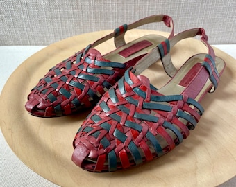 Vintage Rot | Blaue Huarache-Sandalen aus Leder | Größe 8,5 | Hergestellt in Brasilien