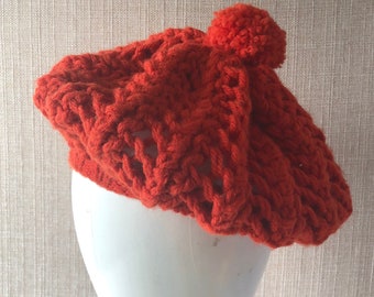 Vintage Knitwear Hat | Wool Orange Red Beret