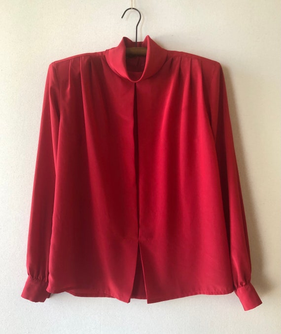 Vintage 80s Red Silky Blouse with Shoulder Pads - image 9