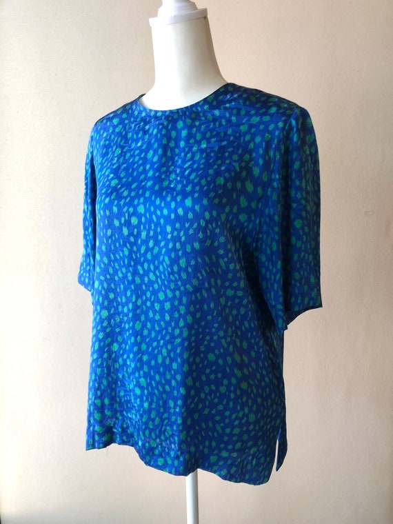 Vintage 1980s Silk Blue Green Print Blouse - image 2
