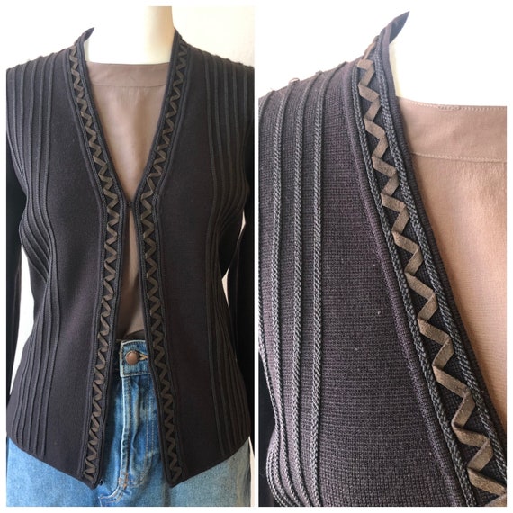 Vintage 90s Chainstitch Brown Cardigan With Suede Zigzag