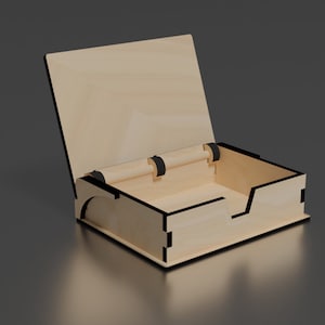 Könnte beinhalten: Eine Holzkiste mit einem Scharnierdeckel und einem Schiebefach. Die Kiste ist aus hellem Holz und hat eine natürliche Oberfläche. Der Deckel ist geöffnet und das Fach ist sichtbar.