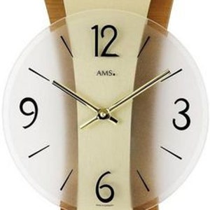 May include: A modern wall clock with a white face and black numbers. The clock has a gold-coloured frame with a wood-like texture. The clock is designed with a unique, abstract shape.