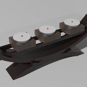 May include: A wooden candle holder shaped like a boat with three candle holders. The candle holders are made of metal and have a silver finish. The boat is dark brown and has a curved shape.