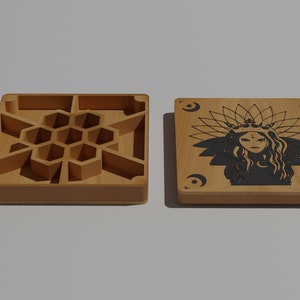 May include: A wooden box with a honeycomb design on the inside and a woman with a crown and floral headdress on the lid. The lid is closed.