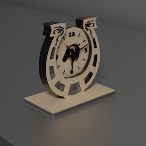 Holz Uhr mit Hufeisen Laser cut Dateien SVG DXF CDR Vektorpläne, Dateien sofort Download, CNC Muster, Cnc Geschnitten, Laser cut