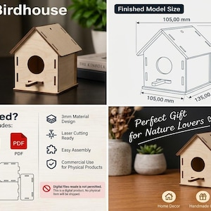 May include: A digital laser cut file for a wooden birdhouse, including SVG, DXF, CDR, and PDF formats. The finished model measures 105.00 mm by 135.00 mm by 139.00 mm, designed for 3 mm material thickness. The set features assembly components.