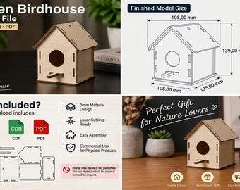 May include: A digital laser cut file for a wooden birdhouse, including SVG, DXF, CDR, and PDF formats. The finished model measures 105.00 mm by 135.00 mm by 139.00 mm, designed for 3 mm material thickness. The set features assembly components.