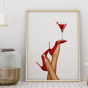 Bottoms Up Kunstdruck, Rote High Heels Wandkunst mit Martini und Kirsche, Bar Cart Art Print, Femme Fatale, Cherry Girl Kunstdruck, NYC Aesthetic