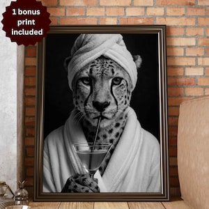 Cheetah Cocktail Art Print: Retro Glam Bar Cart Decor (Digital Download