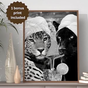 Leopard & Cheetah Cocktail Art Print: Retro Black and White Animal Design (Digital Download)