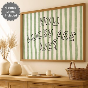 How Lucky Are We Print: Trendy Pink Green Stripes, Coquette Dorm Decor (Digital Download)