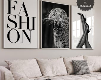 Black and White Fashion Poster Set 3 Cheetah Print Glam High Heels Fashion Typography