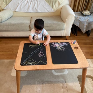 Sensory Table, Activity Table with Chalk board and Whiteboard , Wooden Play Table , Montessori Table and Chair Set, Christmas Gift image 9