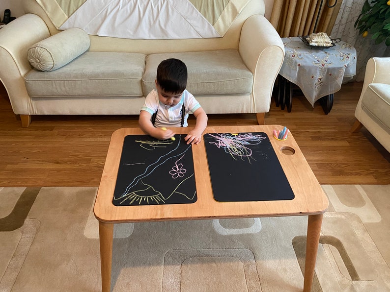 Sensory Table, Activity Table with Chalk board and Whiteboard , Wooden Play Table , Montessori Table and Chair Set, Christmas Gift image 9