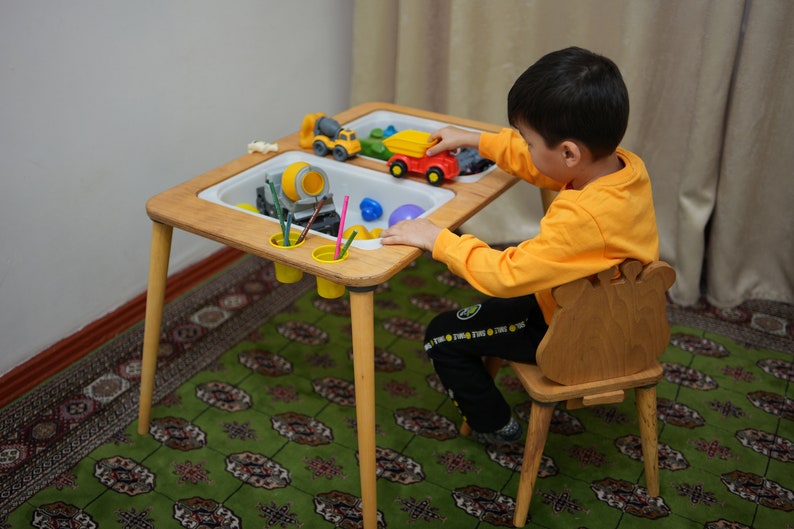 Sensory Table, Activity Table with Chalk board and Whiteboard , Wooden Play Table , Montessori Table and Chair Set, Christmas Gift image 2