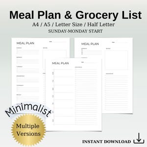 Minimalist Meal Planner, Weekly Meal Planner with Grocery List Printable Template, 7 Day Menu Plan, Food Planner, A4/A5/Letter/Half
