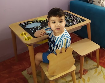 Sensory Table with lid, Activity Table, Wooden Play Table With Bins, Montessori Table and Chair Set, Chalk board and Whiteboard