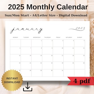 2025 Calendar 2025 Monthly Calendar Sunday & Monday Start Landscape Elegant Monthly Planner Minimalist A4 Letter Size Wall Calendar