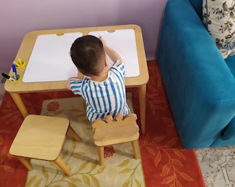 Sensory Table, Activity Table, Wooden Play Table With Bins, Montessori Table and Chair Set, Chalk board and Whiteboard, Best Gift for Kids