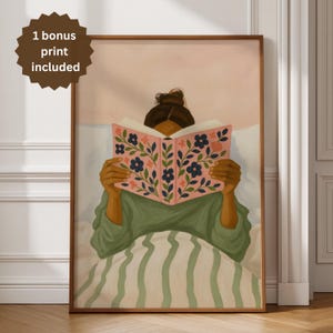 Woman Reading in Bed Print: Sage Green Cozy Bedroom Art (Digital Download))