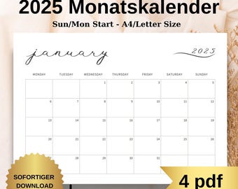 2025 German Calendar Printable, Minimalist Monthly Planner (PDF)